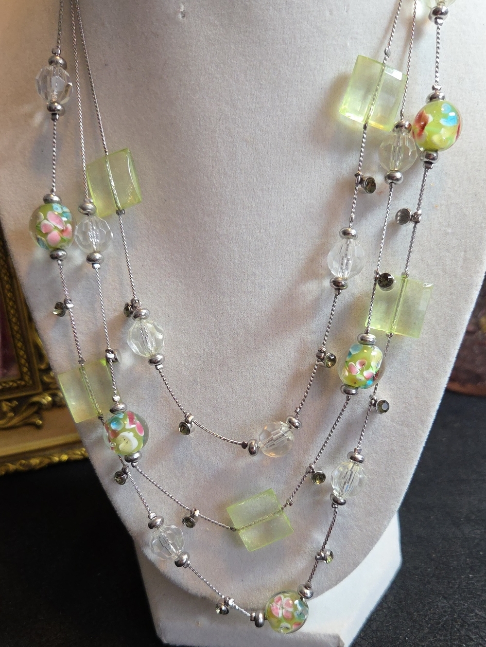 Multi-Strand Lemon Green Glass And Acrylic Bead Necklace - Unbranded